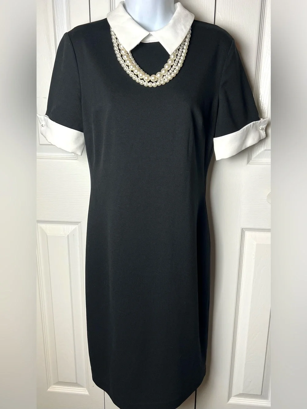 KARL LAGERFIELD Paris Dress Shift Peter Pan Collar Pearls Black White Designer - Picture 2 of 11